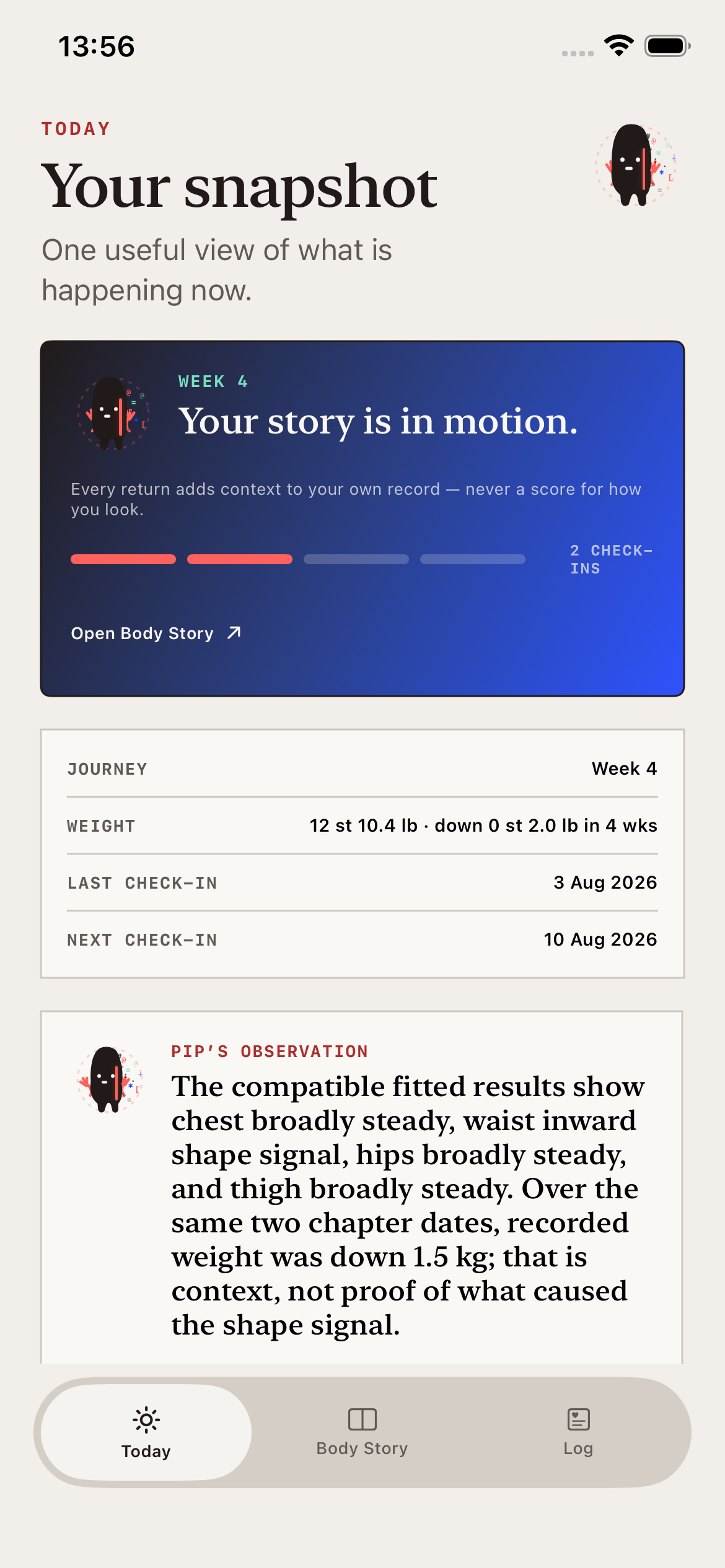 Pip fitted body evidence and insight screen
